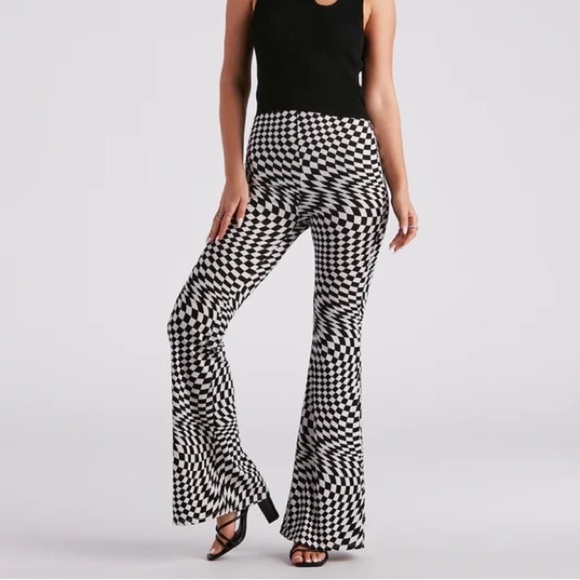 Windsor Optical Illusion Checkerboard Flared Pants Black White Small - Picture 1 of 4